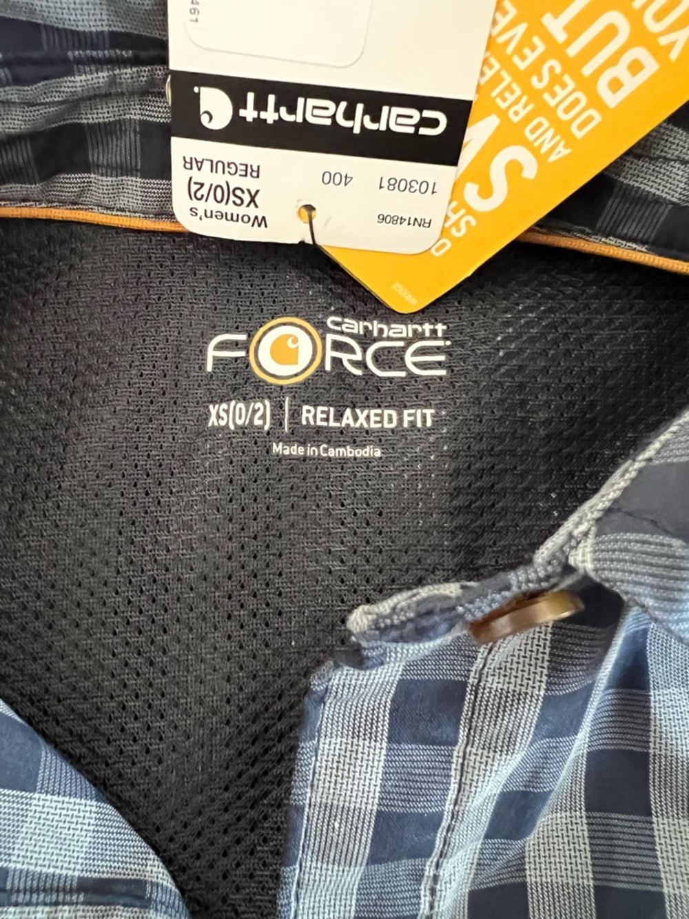 Carhartt Force Woman’s Navy and Grey Plaid Button-Down Shirt. Size XS New - Picture 3 of 7
